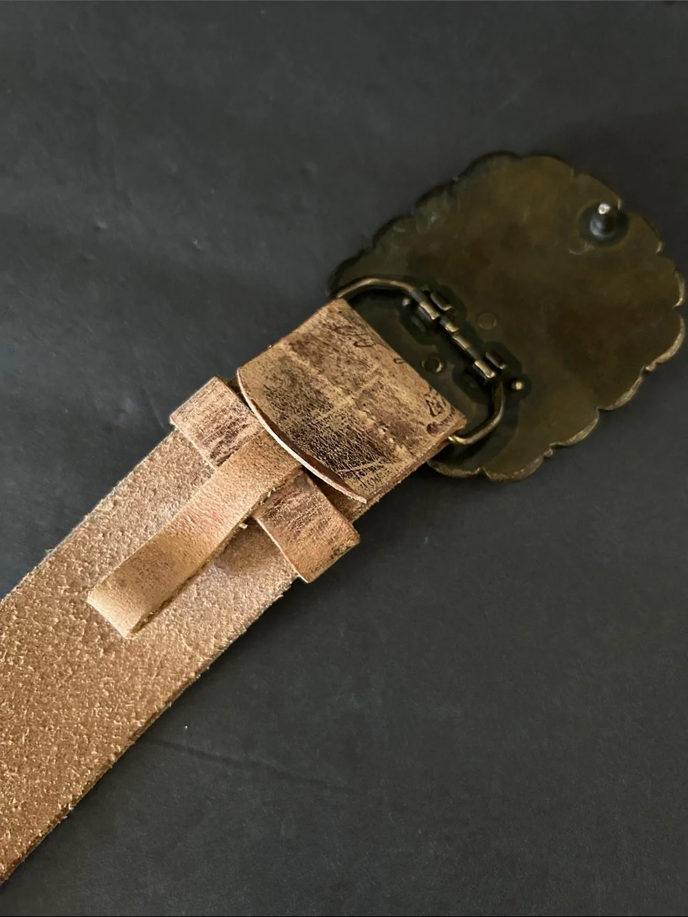 Tooled Tan Leather Belt with Ornate Amber Buckle